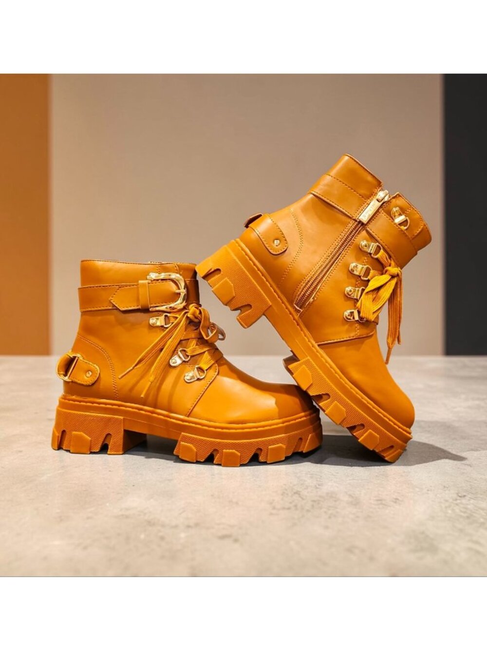 Chunky Tan Combat Boots With Buckles & Zipper Design For Women - Picture 9 of 9